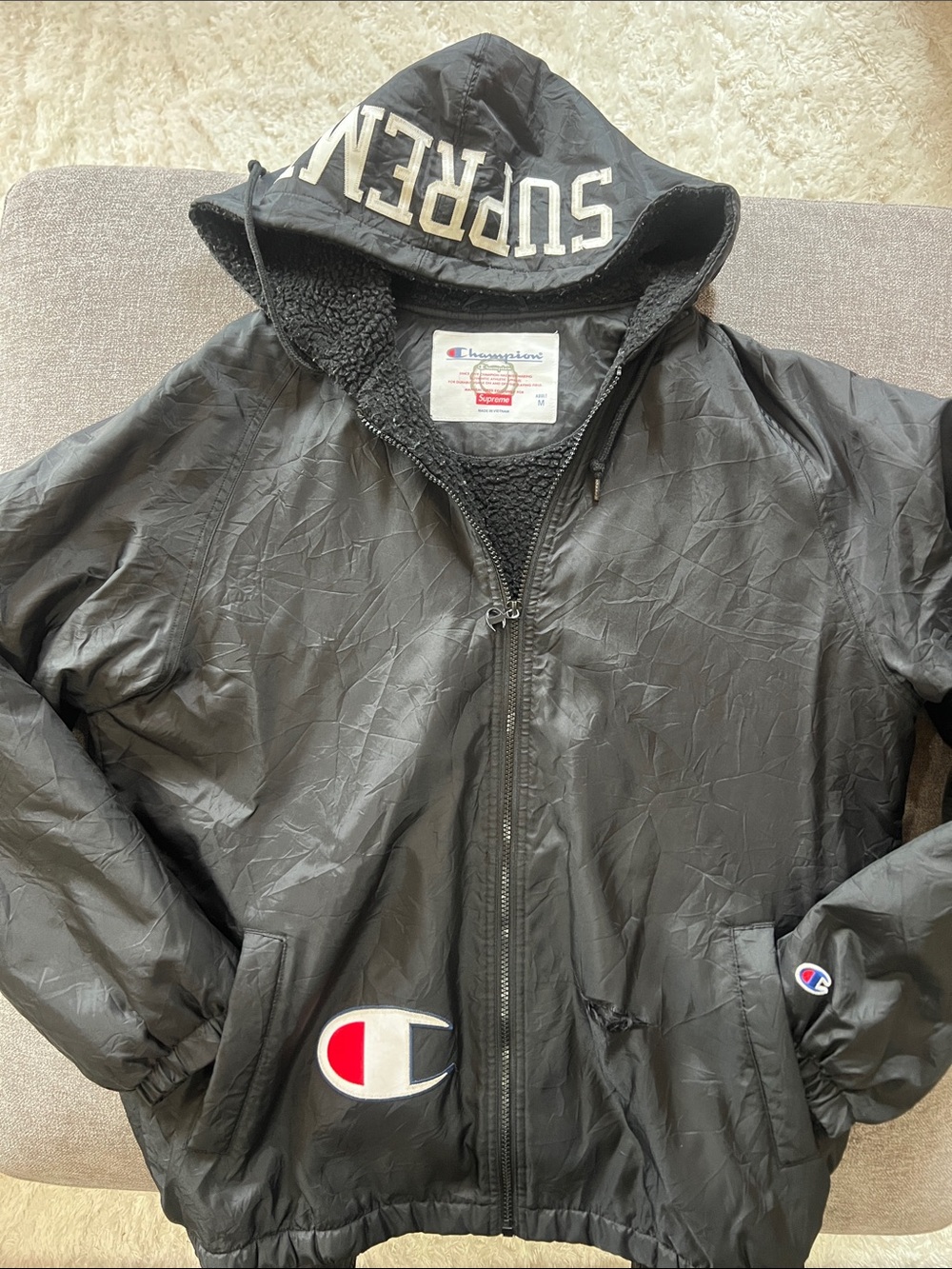 Black Hooded Supreme/Champion Jacket